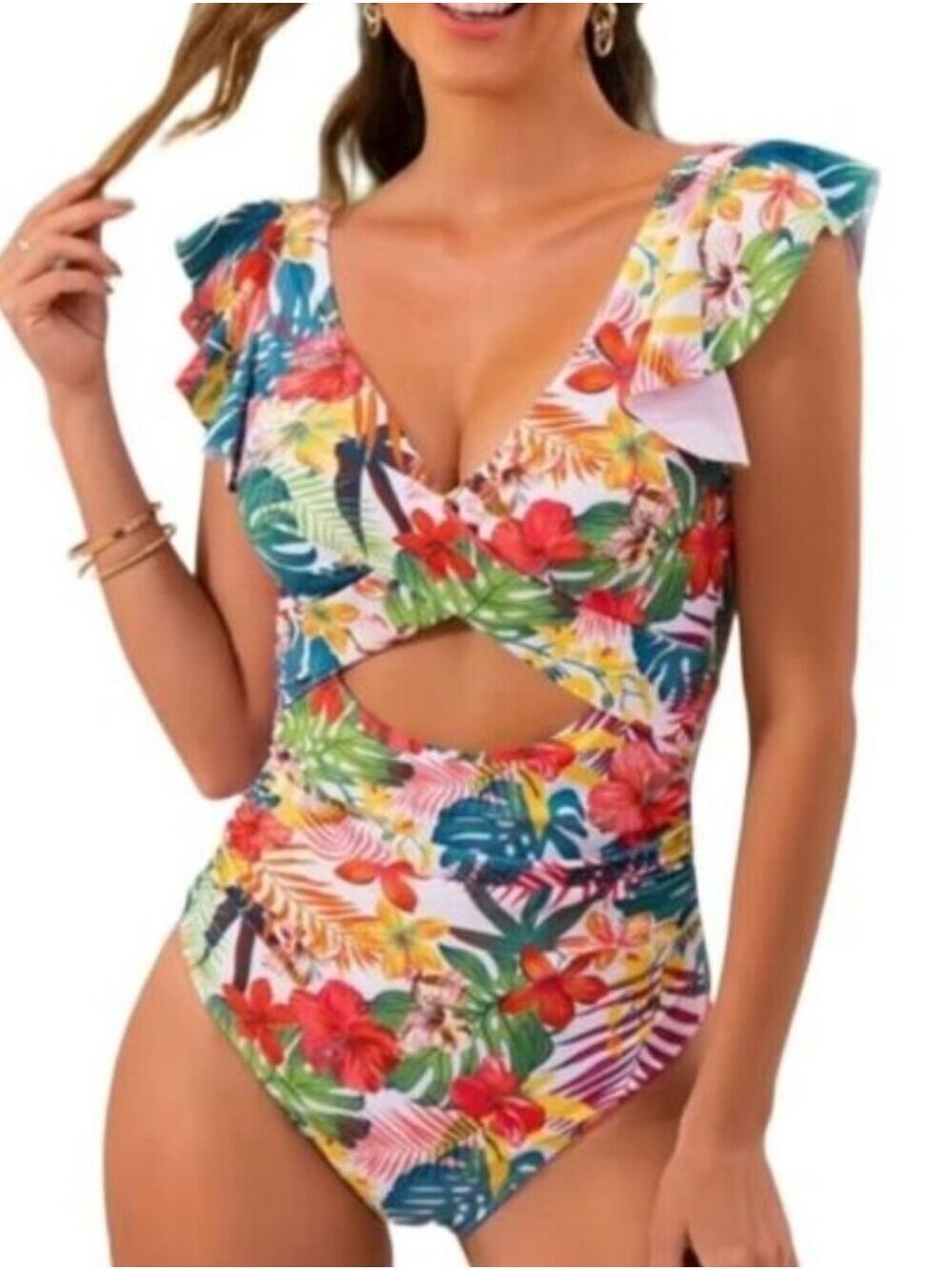 TROPICAL PRINT ONE PIECE MONOKINI RUFFLE SHOULDER RUCHED SWIMSUIT SIZE XL NWT